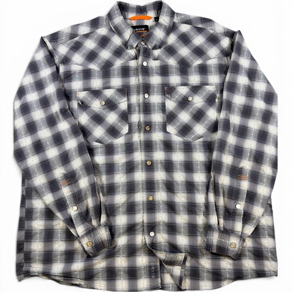Orvis Mens XL Active Fit Western Snap Shirt Gray White Plaid Long Sleeve Cotton